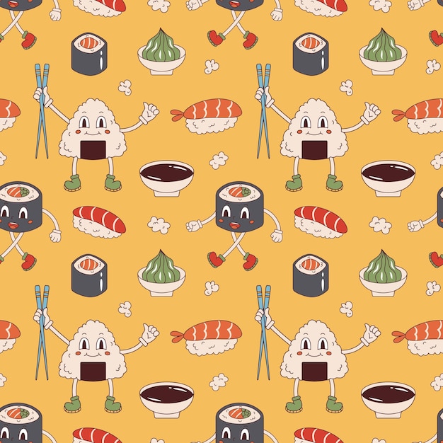 Vector seamless pattern with sushi wasabi soy sauce and onigiri mascot in retro style Sushi rolls on yellow background 70s Groovy asian food