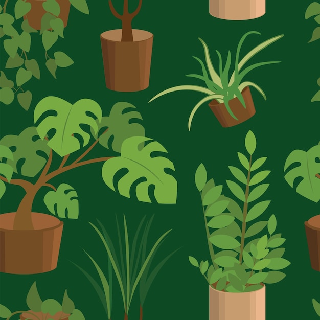 Vector seamless pattern with various houseplants on dark green background