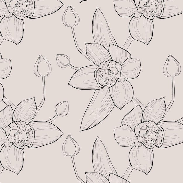 Vector seamless pattern with vintage hand drawn linear orchids.