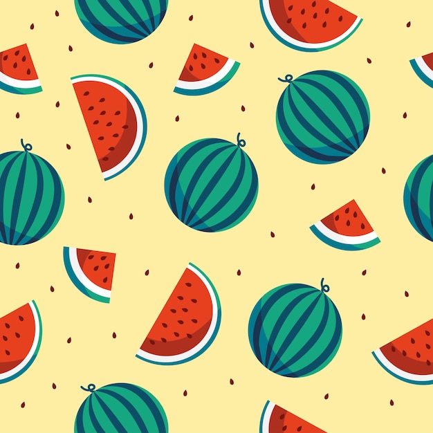 Vector seamless pattern with watermelon, watermelon slices and seeds. Summer fruit background