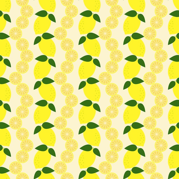 Vector seamless pattern with whole lemons and slices in a row