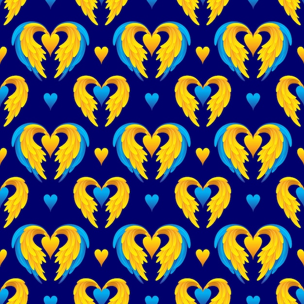 Vector seamless pattern with wings and hearts in yellow and blue colors on a dark blue background