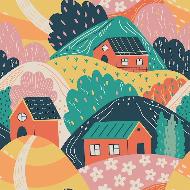 Vector seamless pattern with with mountains and houses Mountain landscape Cute decorative