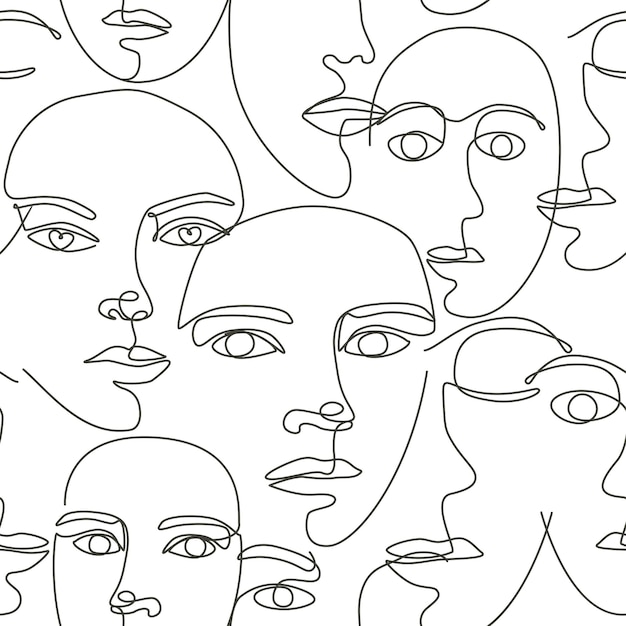 Vector seamless pattern with women faces continuous Line art