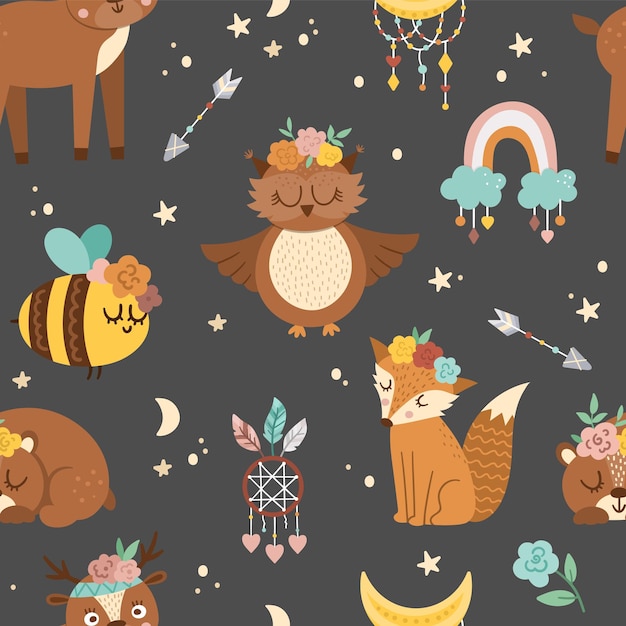 Vector seamless pattern with woodland animals rainbow dreamcatcher Boho forest repeating background Bohemian digital paper with fox owl bear deer ladybug with flowers on heads xA