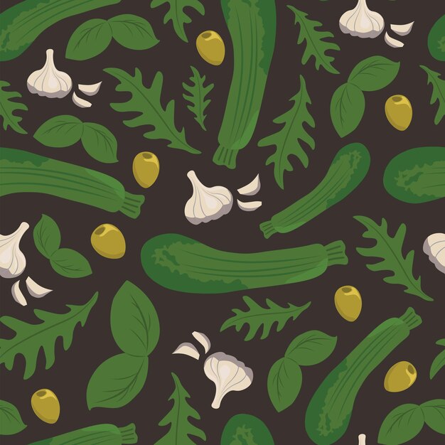 Vector seamless pattern with zucchini olives herbs and garlic on black background