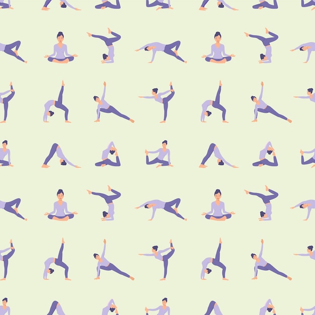 Vector seamless pattern of woman doing yoga set of yoga poses cute yellow background