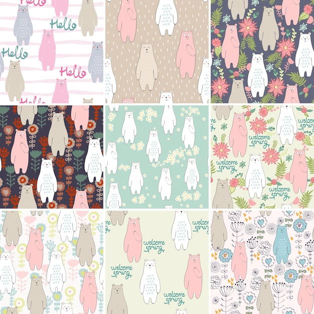 Vector seamless patterns with bears and flowers