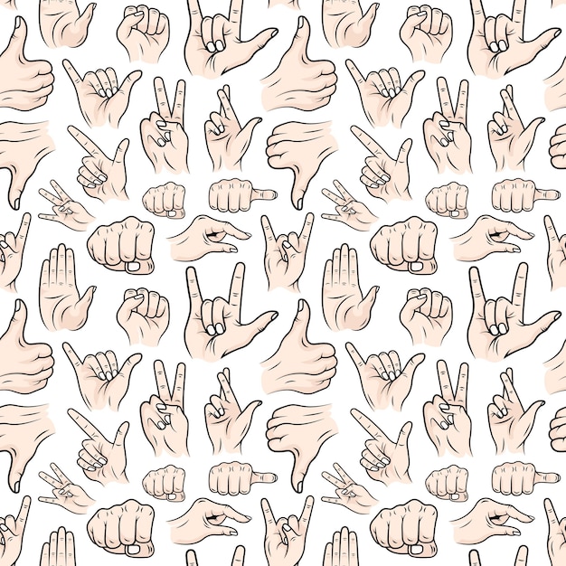 Vector Seamless Patterns with different popular hand gestures on a white background