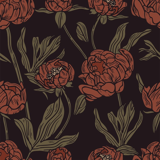 Vector seamless patterns with peony flowers Floral pink background with blossom peonies