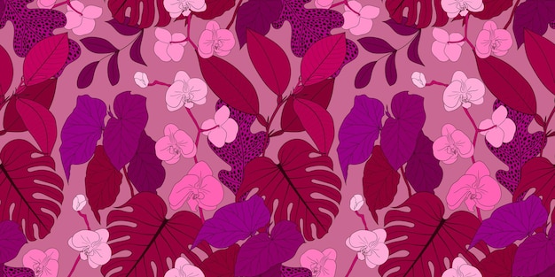 VECTOR SEAMLESS PINK BANNER WITH BLOOMING ORCHIDS AND COLORFUL TROPICAL PLANTS