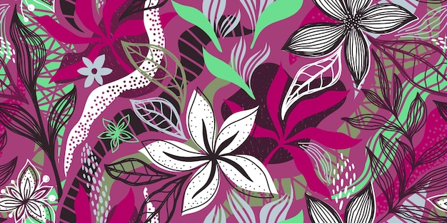 VECTOR SEAMLESS PINK BANNER WITH WHITE FLOWERS AND COLORFUL TROPICAL LEAVES