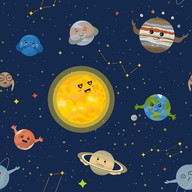 Vector seamless repeating children pattern Smiling planets in space Solar system design kawaii style