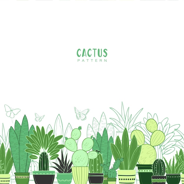 Vector semless pattern with cacti in pots without background