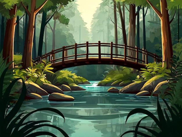 vector Serene forest bridge illustration isolated