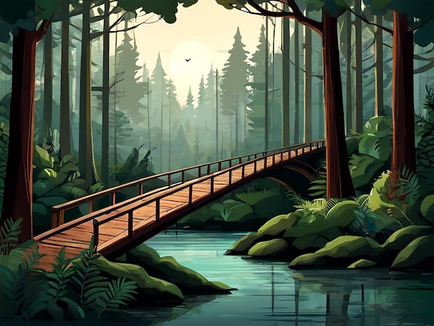 vector Serene forest bridge illustration isolated