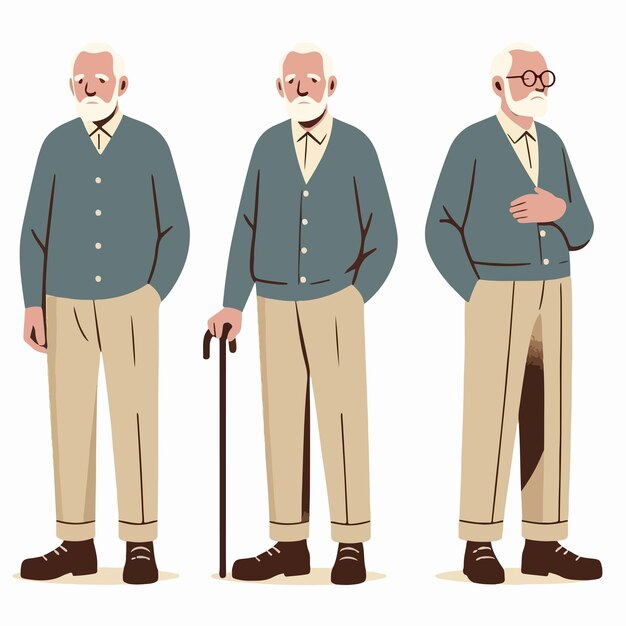 Vector set of 3 grandfather characters with flat design style