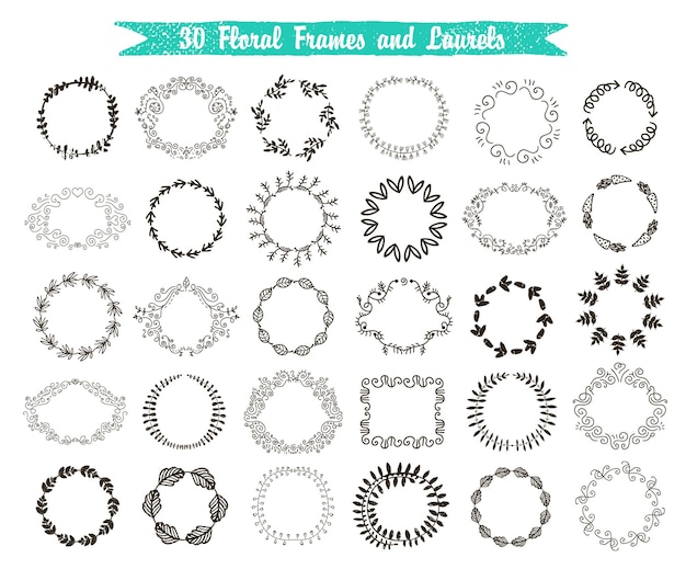 Vector set of 30 hand drawn frames and laurels. Floral, vintage, swirl wreaths isolated.