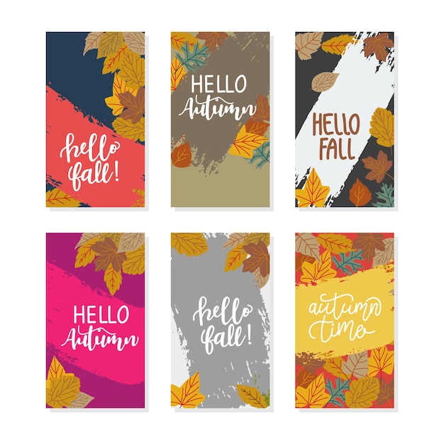 Vector set of abstract backgrounds banner with autumn bright vibrant banners posters cover design templates social media stories wallpapers with yellow and orange leaves