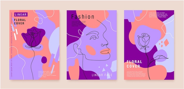 Vector set of abstract beauty and fashion linear covers posters banners flyers with linear continuous line woman portrait flowers Art illustration with wavy flow background Pastel colors