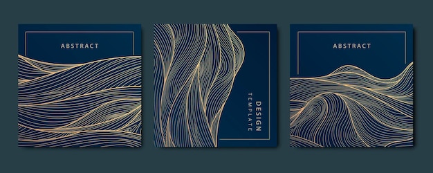 Vector set of abstract luxury golden square cards post templates for social net wavy line art