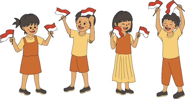 Vector set activities of Indonesian kids and children with red and white flags and national colors