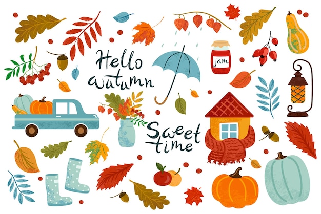 Vector set of autumn icons car with pumpkins falling leaves rubber boots Lettering Scrapbook element