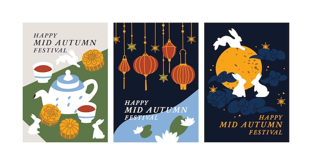 Vector set of backgrounds or posters for Mid Autumn Festival or Mooncake Festival with illustration rabbits and paper lanterns and decoration