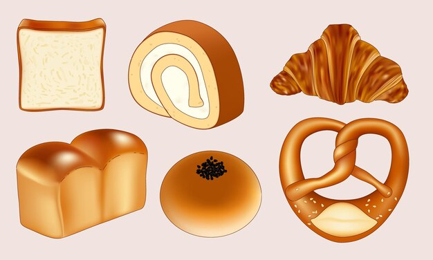 Vector vector set of bakery products vector illustrations. bread, croissant, pretzel, swiss-roll cake