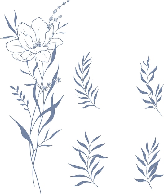 vector set beautiful blue floral wreath and leaves line art elements botanical set hand drawn