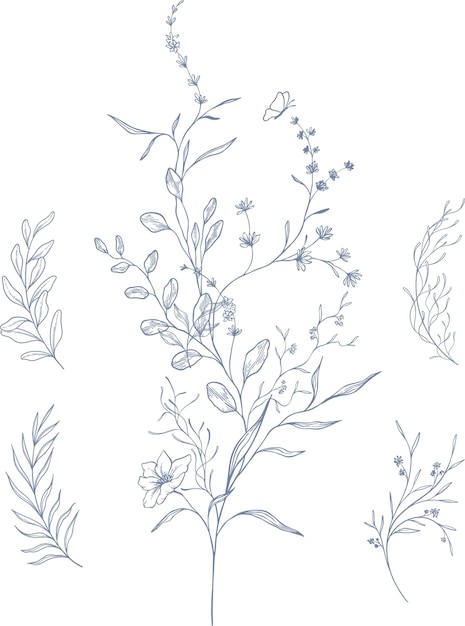 vector set beautiful blue floral wreath and leaves line art elements botanical set hand drawn