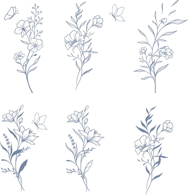 vector set beautiful floral and leaves line art elements botanical set elements hand drawn