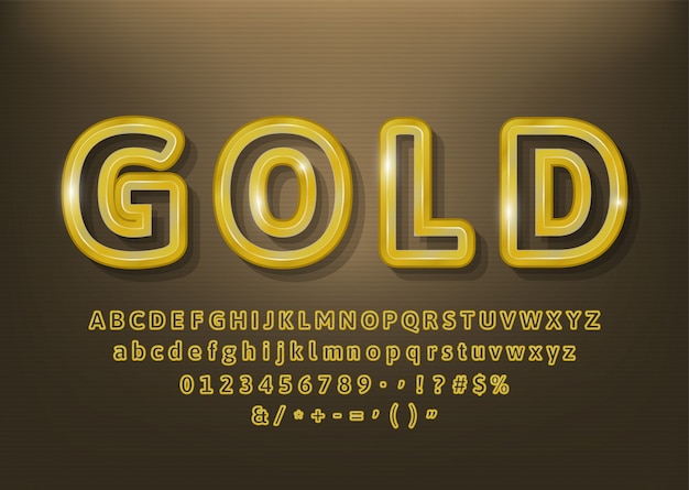 Vector set of beautiful  gold outlines alphabet letters, numbers. Vector illustration