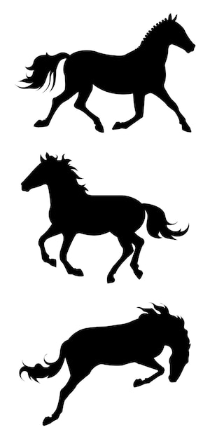 Vector set of black silhouettes of horses running gallop, trot and jump on a white background