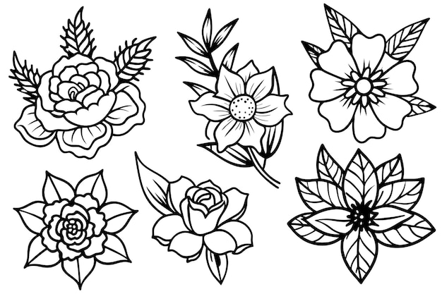 Vector set of black and white flowers and leaves on a white background