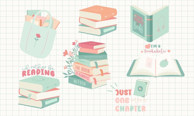 Vector set of books for Booklover Bookworm Stickers