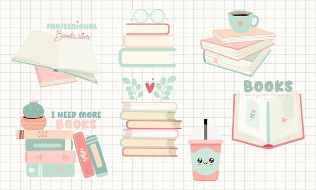 Vector Set of Books Illustrations with quotes Stack of Books