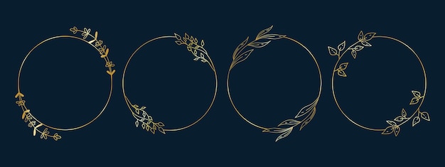 Vector set of botanical golden round frames.Vintage style floral wreaths for invitation cards