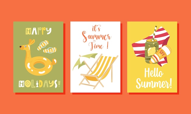 Vector vector set of bright summer cards posters with lemon beachwear sunglasess