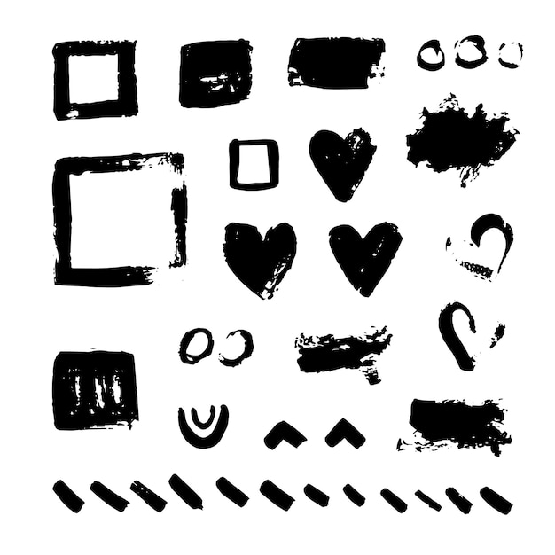 Vector set of brush acrylic strokes Black color on white background Hand painted grange elements Ink drawing Dirty artistic design