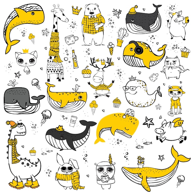 Vector set of cards with cute happy animal faces for kid's interiors banners and posters illustrations