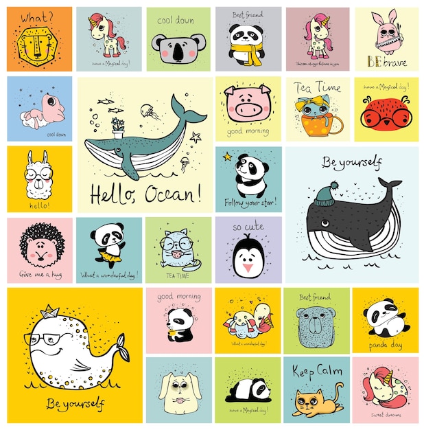 Vector set of cards with cute happy animal faces for kid's interiors banners and posters illustrations