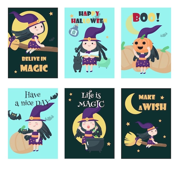 Vector set of cards with cute little Halloween witches