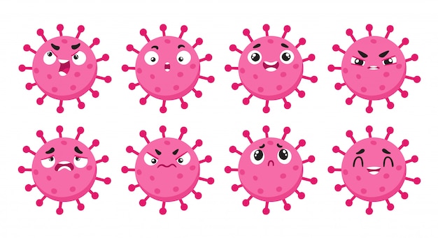 Vector set of cartoon coronavirus character isolated on white.