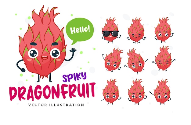 Vector set of cartoon dragonfruit fruit in different poses