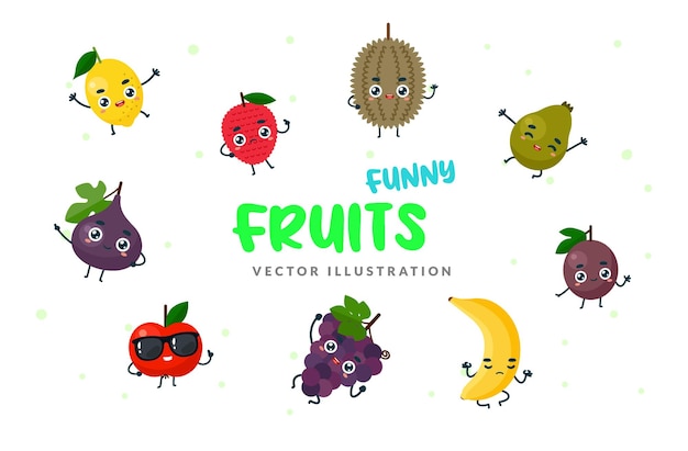 Vector set of cartoon fruits in different poses