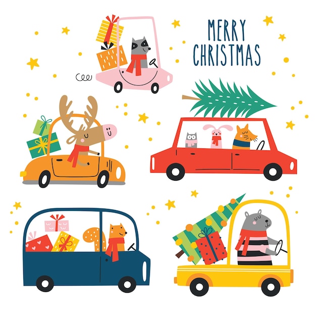 Vector set of cartoon funny Christmas animals with scarfs and gifts in cars  Winter background