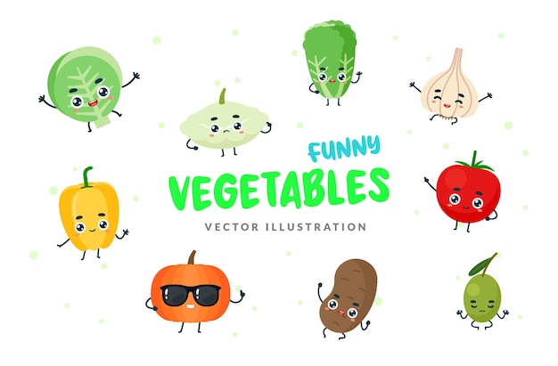 Vector set of cartoon vegetables in different poses part 1