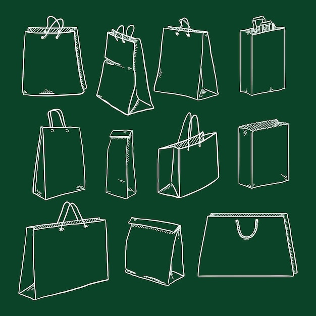 Vector Set of Chalk Sketch Shopping Bag Illustrations