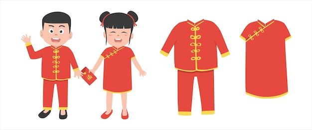 Vector set Chinese New Year clothes clipart, boy and girl in red traditional clothes vector cartoon